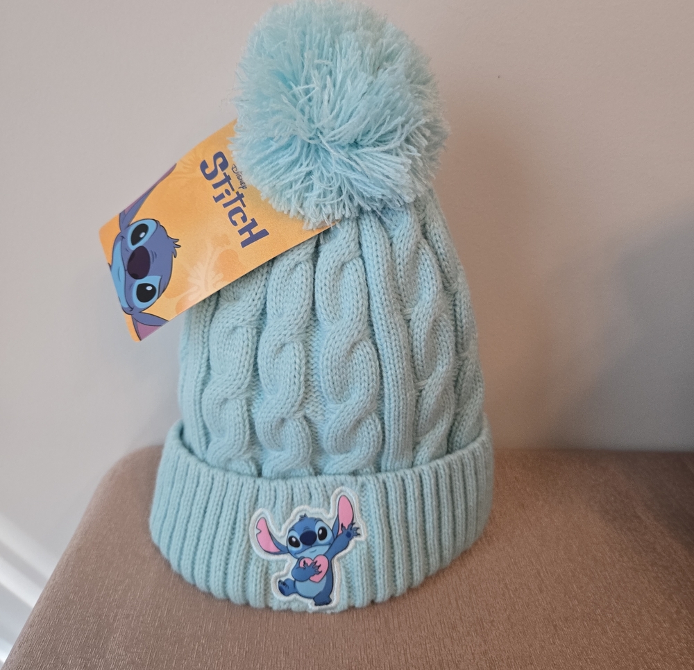 Disney Stitch Beanie Hat & Gloves Set Light Blue Sherpa Lined Winter Pom Pom